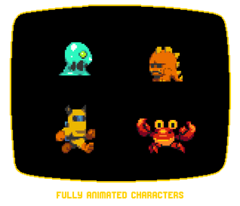 Four pixel art animated characters: a green slime, orange monster, yellow robot, and red crab on a black background.