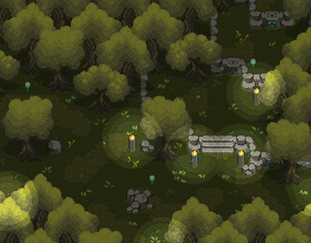 Pixel art forest scene with dense trees, stone ruins, glowing torches, and scattered rocks on grassy ground.