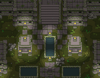 Pixel art of an ancient stone temple with stairs, pools, pillars, and glowing torches at night.