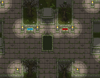 Pixel art dungeon scene with stone tiles, overgrown trees, torches, and two stone coffins, one blue and one red.