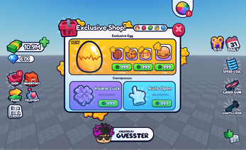 Cartoon game shop interface with exclusive eggs, gamepasses, and currency icons. Sidebar has various game menu buttons.