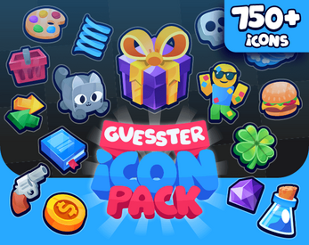 Colorful game icon pack cover with cartoon icons like a gift box, cat, coin, gun, burger, and text 'Guesster Icon Pack'.