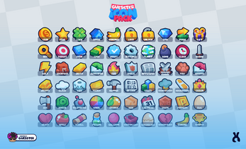 Grid of colorful cartoon-style game icons including coins, stars, gems, tools, and various objects on a blue background.