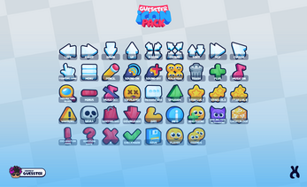 Grid of colorful cartoon-style UI icons including arrows, tools, stars, warning signs, and emoticons on a blue background.
