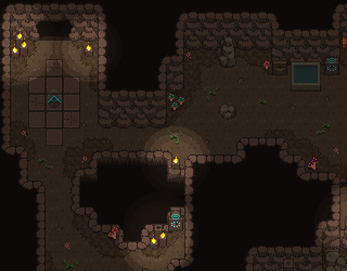 Pixel art dungeon scene with stone walls, torches, treasure chests, and small creatures in dim lighting.