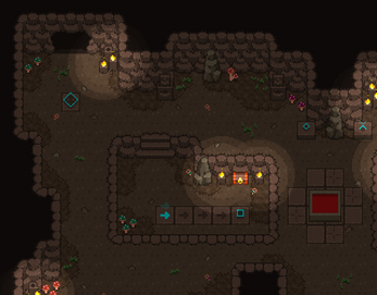 Pixel art dungeon scene with stone walls, torches, treasure chest, and a UI bar with directional icons at the bottom center.