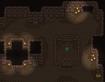 Pixel art dungeon room with stone walls, pits, torches, chests, and a tile with a blue arrow in the center.