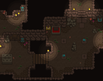 Pixel art dungeon scene with stone walls, torches, crates, chests, and floor switches in a top-down view.