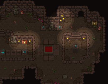 Pixel art dungeon room with stone walls, torches, treasure chests, and a character near a puzzle interface.