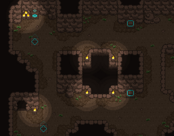 Pixel art dungeon scene with stone walls, torches, glowing blue tiles, and dark pits in the center.