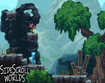 Pixel art game scene with a blue character, rocky platforms, spikes, trees, and 'SideScroll WORLDS' text in the corner.