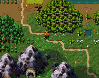 Pixel art game screenshot showing a character on a path near trees, mountains, and a cave entrance.