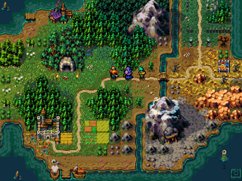 Pixel art game map with forests, mountains, castles, and three characters on a path crossing a bridge.