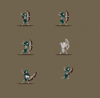 Pixel art animation of a hooded skeleton archer drawing and firing a bow in six different poses on a brown background.
