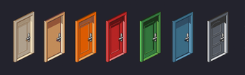 Six closed doors in beige, orange, red, green, blue, and gray on a dark background, shown in isometric view.