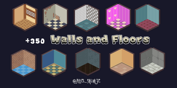 +350 Walls and Floors @MR_SLIME Ten isometric room tiles with various wall and floor designs, plus text '+350 Walls and Floors' in the center.