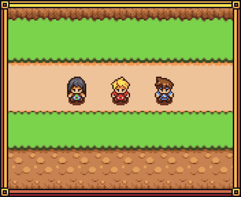 Three pixel art characters standing on a dirt path bordered by grass in a retro game interface.