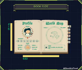 Pixel art game UI showing an open book with a character profile and a world map, rulers indicating book size.