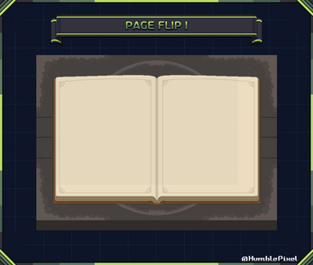 Pixel art of an open blank book on a dark background with 'PAGE FLIP 1' in a banner above.