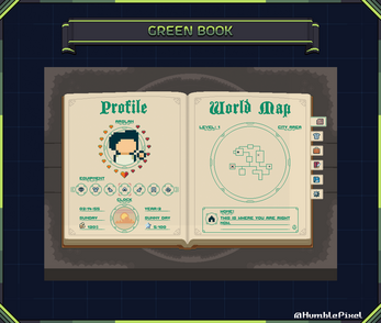 Pixel art game menu showing a character profile and world map in an open book labeled 'Green Book.'