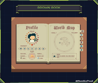 Pixel art game menu showing a character profile with stats on the left and a circular world map on the right.