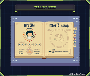 Pixel art game menu showing a character profile, equipment, stats, and a circular world map labeled 'Yellow Book'.