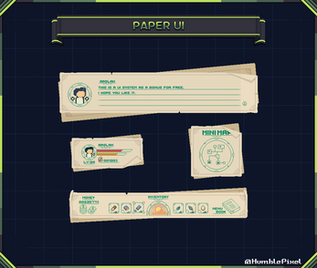 Pixel art game UI elements styled as paper panels, including character info, minimap, inventory, and text box.