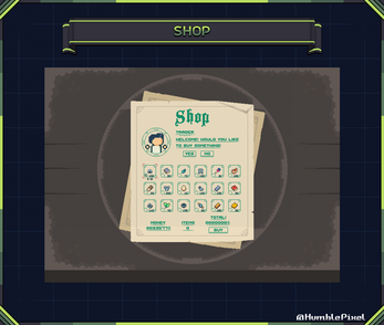 Pixel art game shop menu with item icons, prices, and a trader character portrait in the center.