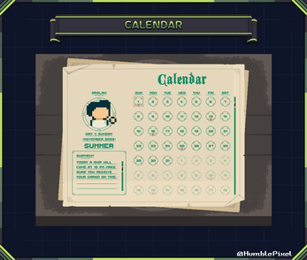 Pixel art game calendar with character portrait, dates, and a shipment reminder for November 2022, summer season.
