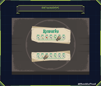 Pixel art game UI showing weekly rewards with icons for each day and a pointer tracking progress.