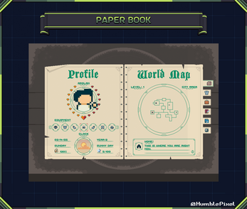 Pixel art game menu showing a character profile and a circular world map on an open book interface.