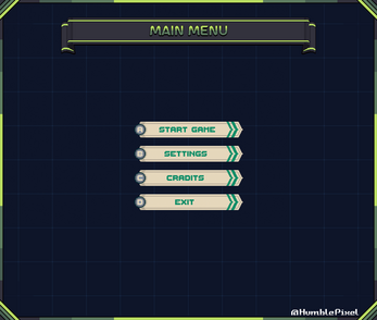 Pixel art game main menu with options: Start Game, Settings, Credits, and Exit, each labeled with a letter A-D.