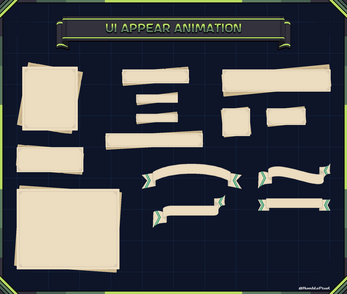 Various beige UI elements and banners on a dark grid background, labeled 'UI Appear Animation' at the top.