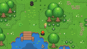 Pixel art game scene with three characters on grassy terrain, trees, flowers, a pond, and a wooden bridge.