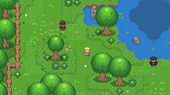 Pixel art game screenshot of a grassy landscape with trees, a pond, and three characters walking around.