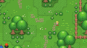 Pixel art game scene with a character walking on a grassy path among trees, flowers, and a wooden fence.