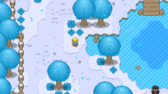 Pixel art game scene with a character walking through a snowy forest near a frozen pond and wooden fence.