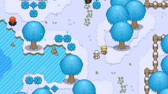Pixel art game scene with two characters standing in a snowy forest near a frozen pond and blue-leaved trees.
