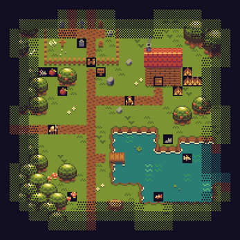 Pixel art game map with a house, pond, trees, pathways, gravestone, and various icons scattered around.