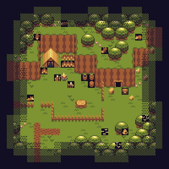 Pixel art game scene of a small farm with a house, fenced area, crops, trees, and scattered objects.