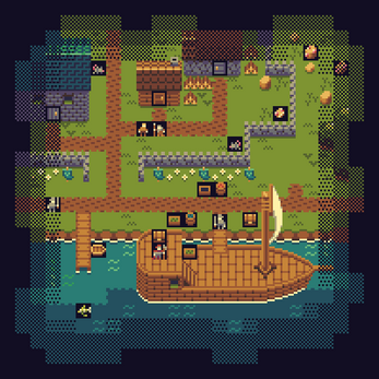 Pixel art game screenshot showing a docked ship, wooden pier, small village, and grassy terrain with paths and buildings.