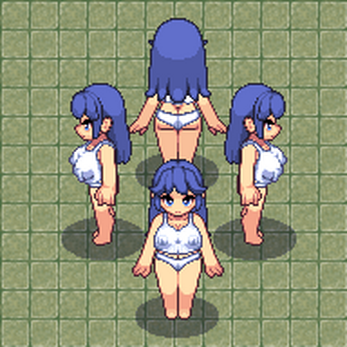 Pixel art sprite sheet of a blue-haired character in underwear shown from four directions on a tiled background.