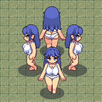 Pixel art sprite sheet of a blue-haired woman in underwear, shown from four directions on a grid background.