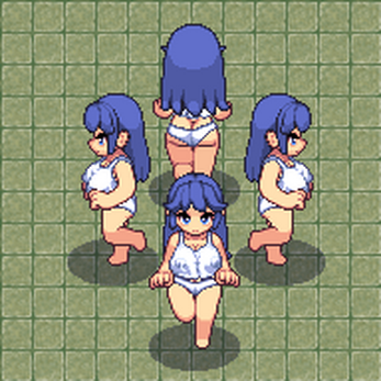 Pixel art sprite sheet of a blue-haired girl in underwear, shown from four directions on a grid background.