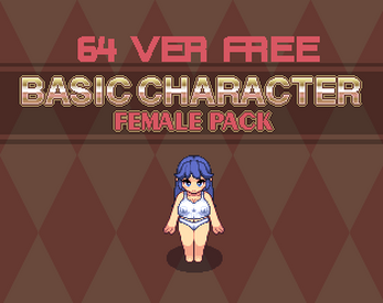 Pixel art female character with blue hair stands below bold text on a brown diamond-patterned background.