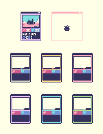 Pixel art game card templates with a sample card showing a bug, stats, and the word 'POISON' at the top left.
