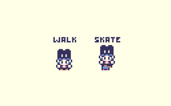 Pixel art character animation showing walking and skating actions, labeled 'WALK' and 'SKATE' above each sprite.