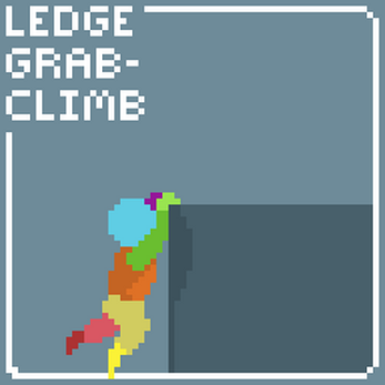Pixel art character grabs and climbs onto a ledge, with 'LEDGE GRAB-CLIMB' text in the corner.