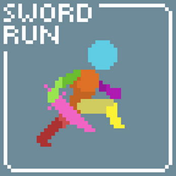 Pixel art character running with a pink sword, text 'SWORD RUN' in top left corner.