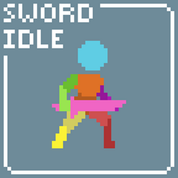 Pixel art character holding a pink sword in idle pose, with 'SWORD IDLE' text in the top left corner.